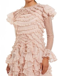 Mac Duggal Women's Dot Net Double Ruffle Trim High Neck Ankle Dress