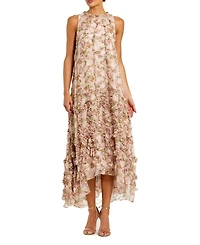 Mac Duggal Women's Sleeveless Floral Print Chiffon Micro Ruffle Gown