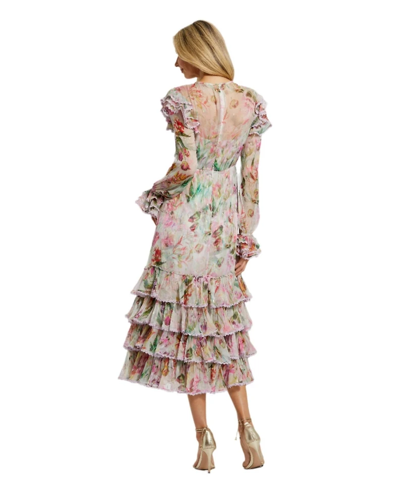 Mac Duggal Women's Long Sleeve Tie Neck Ruffle Detail Floral Dress