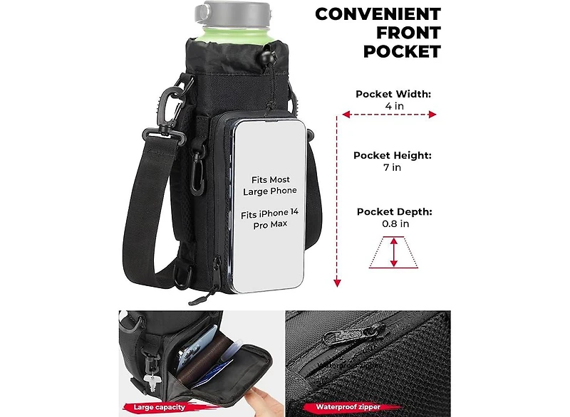 Kemimoto Water Bottle Holder Bag, Water Bottle Carrier with Adjustable Shoulder Strap, Water Bottle Pouch Holder for Hiking, Camping, Fishing, Compati