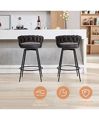 Dyhome 28 inch Bar Stools Set of 3, Modern Counter Height Stools, 360° Swivel Suede Fabric Stool Chairs with Woven Back and Footrest