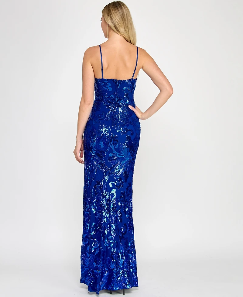 Crystal Doll Juniors' Floral Sequined Sleeveless Gown