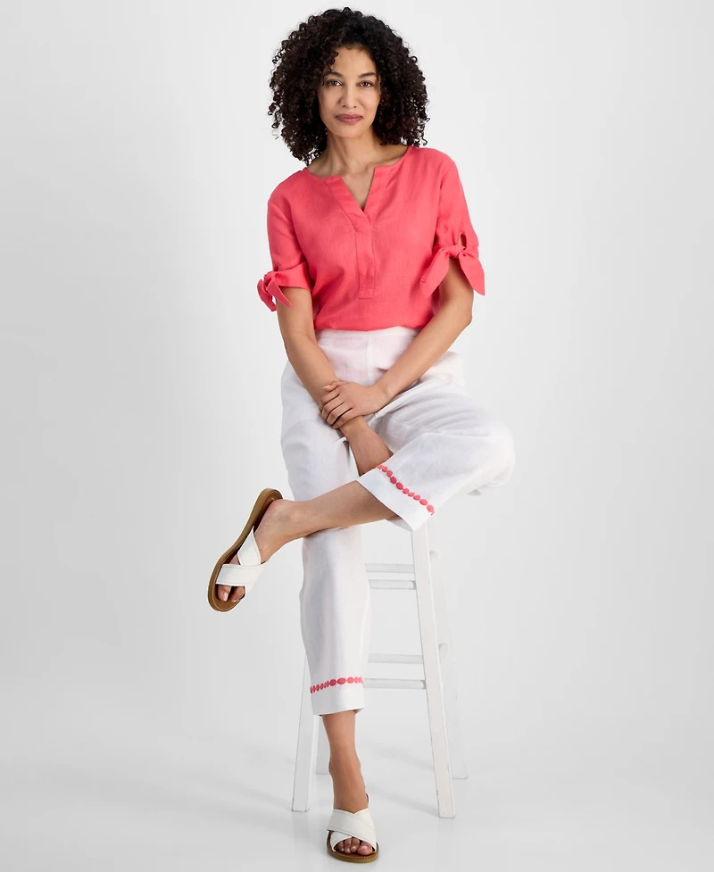 Charter Club Petite 100% Linen Embroidered Cropped Pants, Exclusively at Macy's