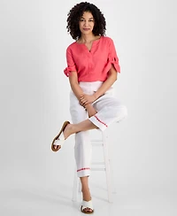 Charter Club Petite 100% Linen Embroidered Cropped Pants, Exclusively at Macy's