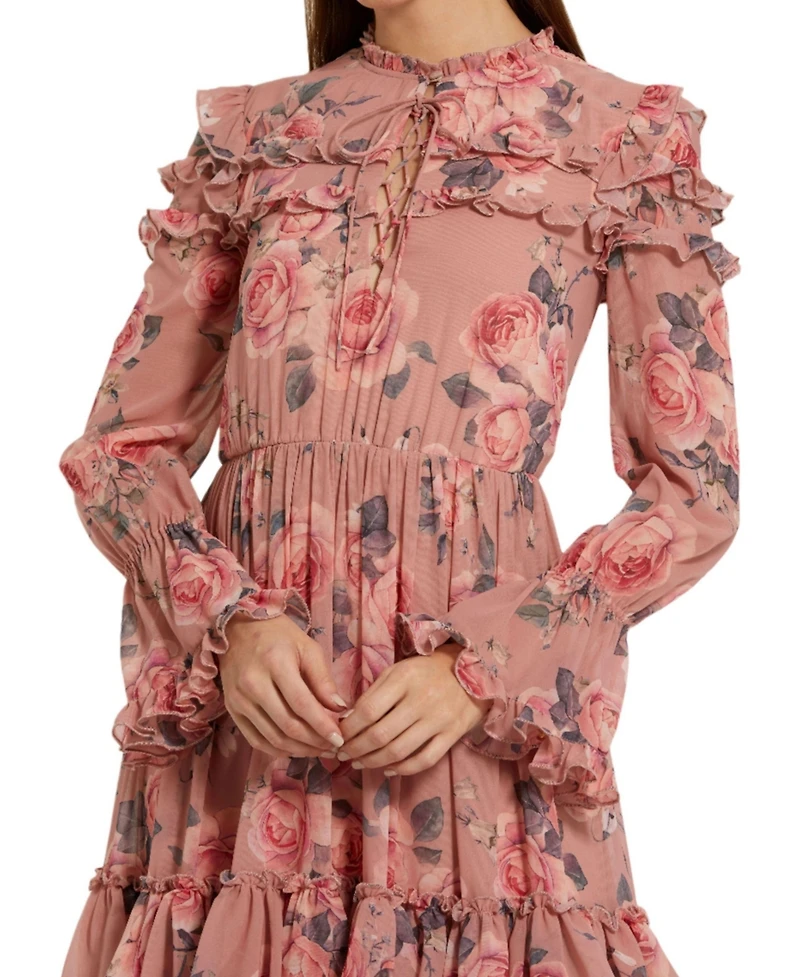 Mac Duggal Women's Long Sleeve Lace Up Front Tiered Ruffle Dress