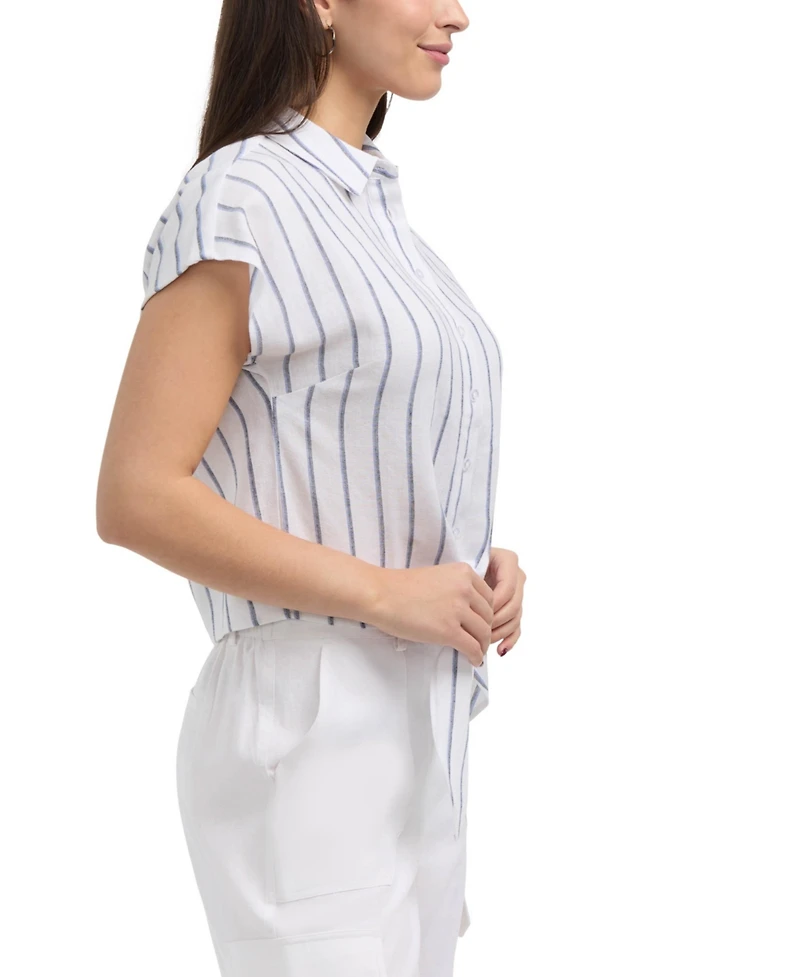 Ellen Tracy Women's Linen Blend Sleeveless Tie Hem Button Down Top