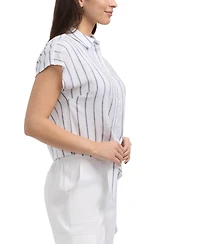 Ellen Tracy Women's Linen Blend Sleeveless Tie Hem Button Down Top