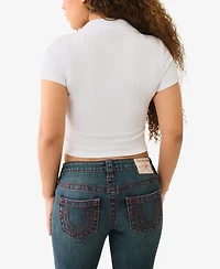 True Religion Women's Ss Deep V-Neck Rib Polo Top