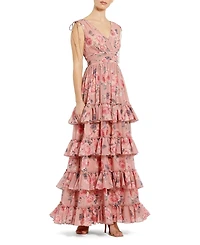 Mac Duggal Women's Drawstring Shoulder Floral Chiffon Tiered Gown