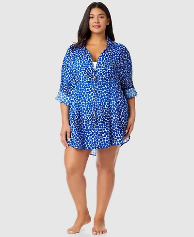 Anne Cole Plus Size Denim Dot Boyfriend Shirt Swim Cover-Up