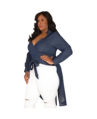 Poetic Justice Plus Fishtail Tencel Denim High-Low Wrap Shirt