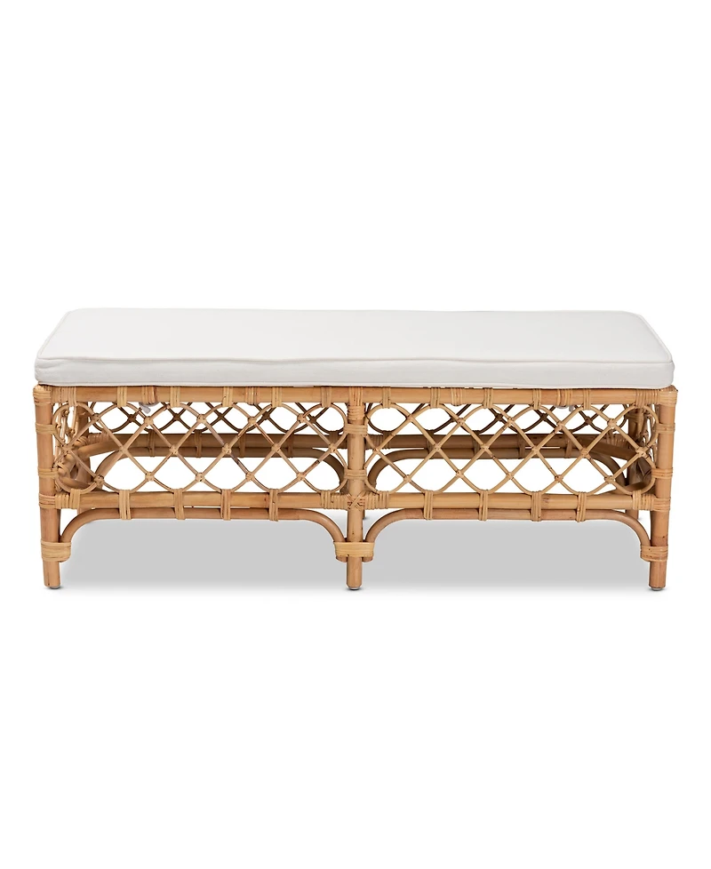 bali & pari 48" Upholstered and Natural Rattan Orchard Modern Bohemian Accent Bench