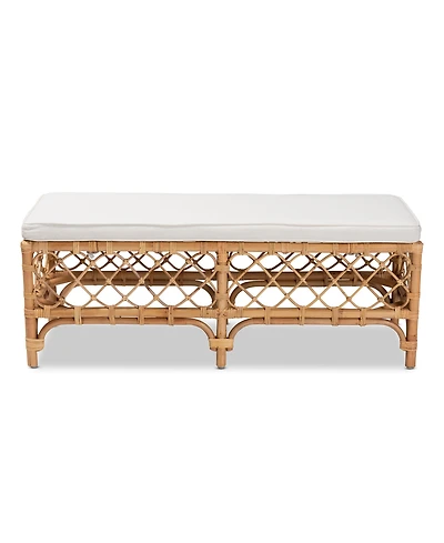 bali & pari 48" Upholstered and Natural Rattan Orchard Modern Bohemian Accent Bench