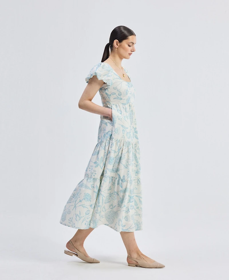 Reistor Women's Puff Sleeve Tiered Midi Dress Blue Florals