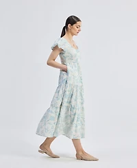 Reistor Women's Puff Sleeve Tiered Midi Dress Blue Florals