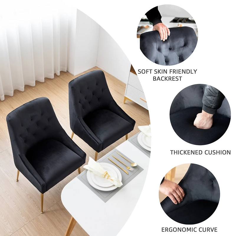 Dyhome Modern Velvet Upholstered Dining Chairs Set of 2, Mid Century Side with 5.12” Cushions and Back Pull Rod for Kitchen, Living Room