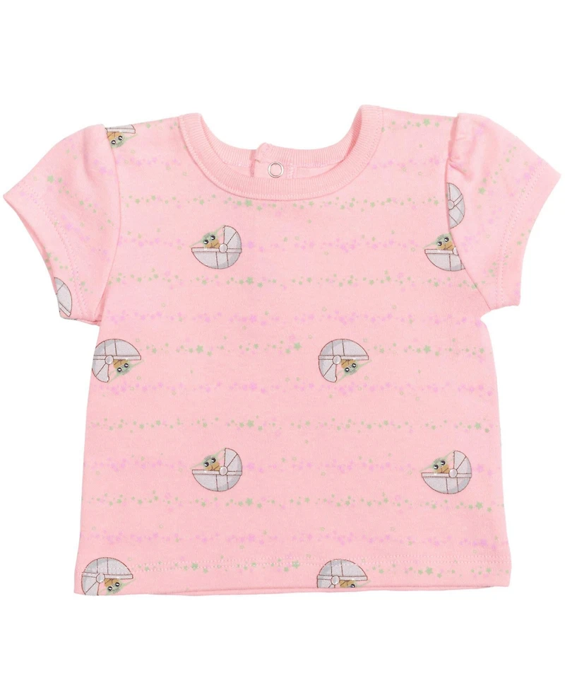 The Mandalorian Baby Girls Star Wars Yoda French Terry Snap Short Overalls T-Shirt and Headband 3 Piece Outfit Set