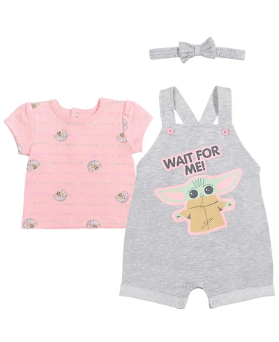 The Mandalorian Baby Girls Star Wars Yoda French Terry Snap Short Overalls T-Shirt and Headband 3 Piece Outfit Set