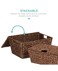 Best Choice Products Set of 2 Xl Water Hyacinth Woven Tapered Storage Basket Chests w/ Attached Lid, Handle Hole