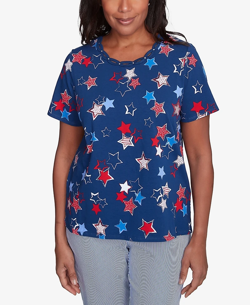 Alfred Dunner Women's Crew Neck Star Studded Top