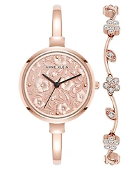 Anne Klein Women's Quartz Charming Floral Rose Gold-Tone Metal Alloy Watch Set, 32mm