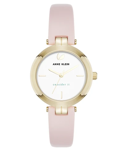 Anne Klein Women's Quartz Round Blush Pink Leather and Gold-Tone Metal Alloy Strap Watch, 32mm
