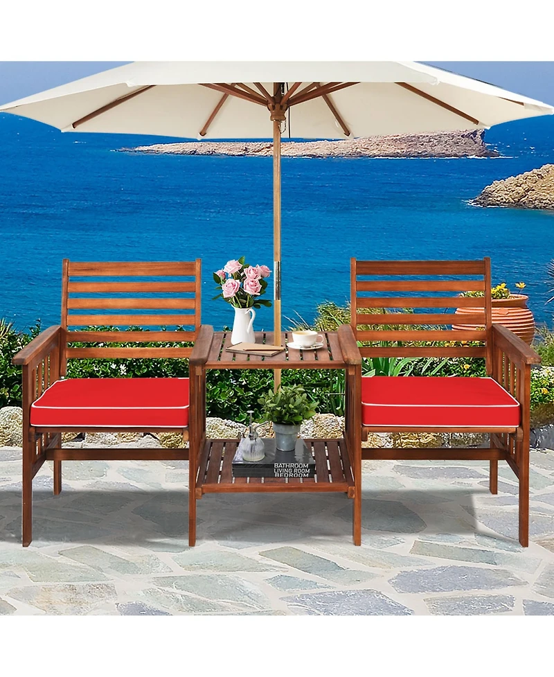 Gymax Patio Outdoor Conversation Set Acacia Wood Loveseat w/ Cushion Table