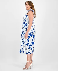 Anne Klein Plus Size Floral-Print Smocked Ruffled-Sleeve Cotton Midi Dress