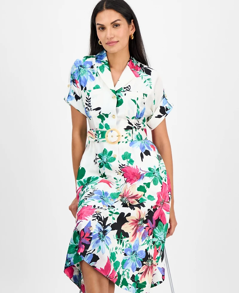 Tahari Women's Collared Short-Sleeve Midi Shirtdress