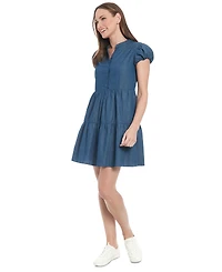 London Times Petite Denim Puff-Sleeve Tiered Dress