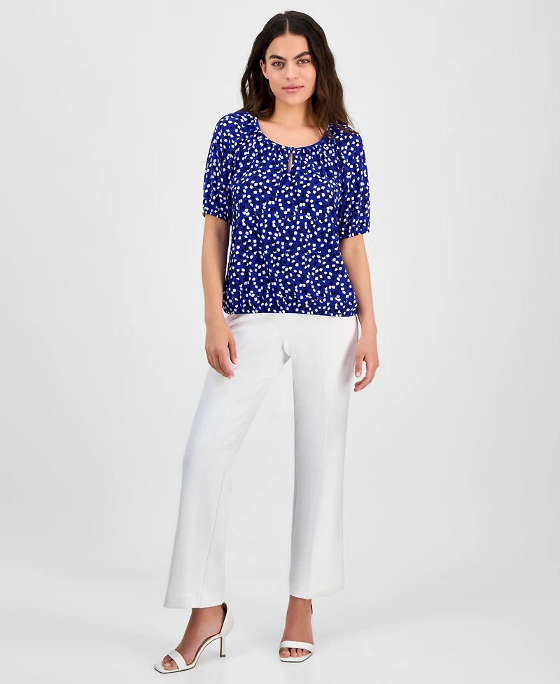 Ak Anne Klein Petite Keyhole-Neck Elbow-Sleeve Top