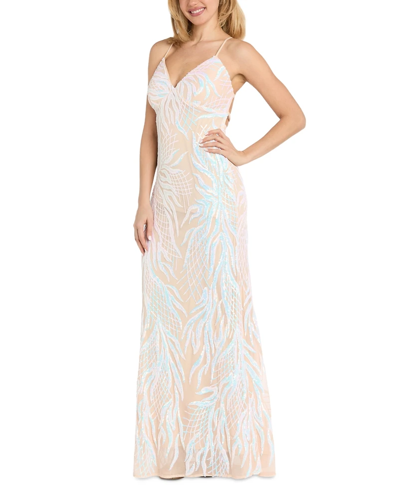 Morgan & Company Juniors' Strappy Sequined V-Neck Gown