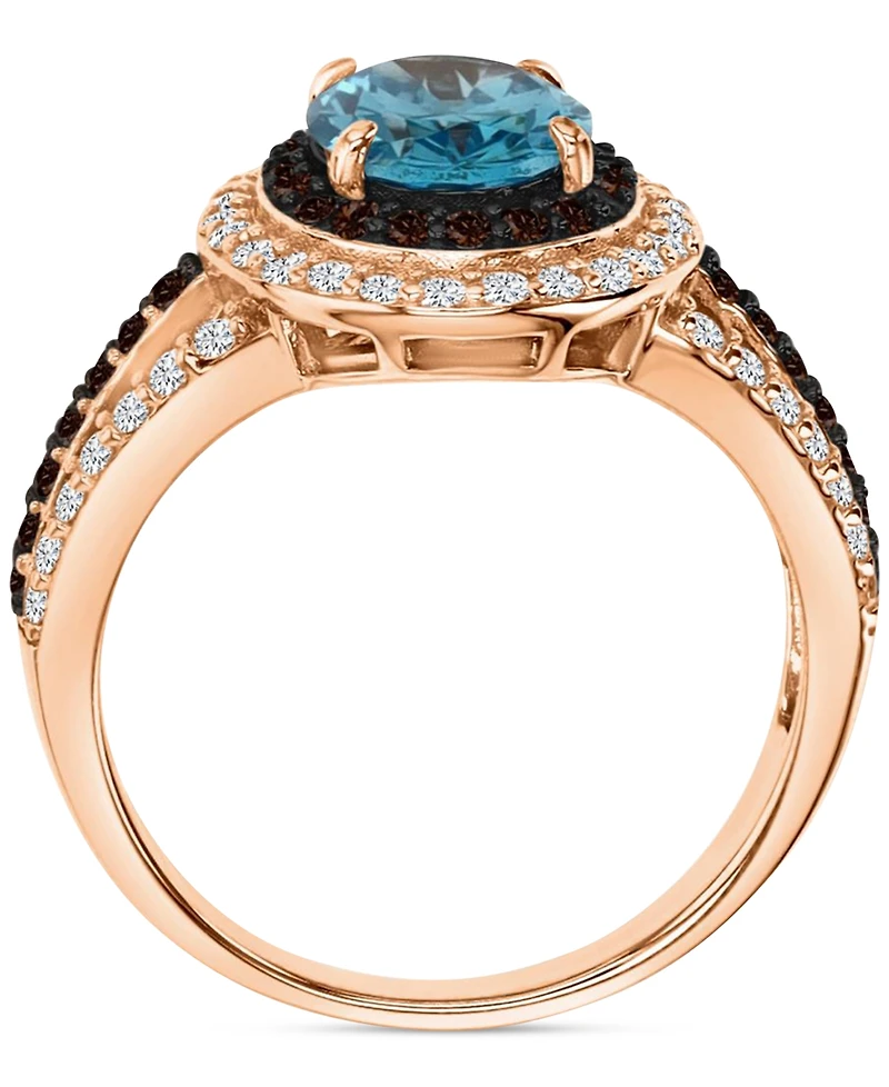 Blue, White, & Black Cubic Zirconia Halo Ring 14k Rose Gold-Plated Sterling Silver