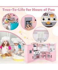 Corner Play Kitchen Toddler Kitchen Playset with Range Hood, Ice Maker, Microwave
