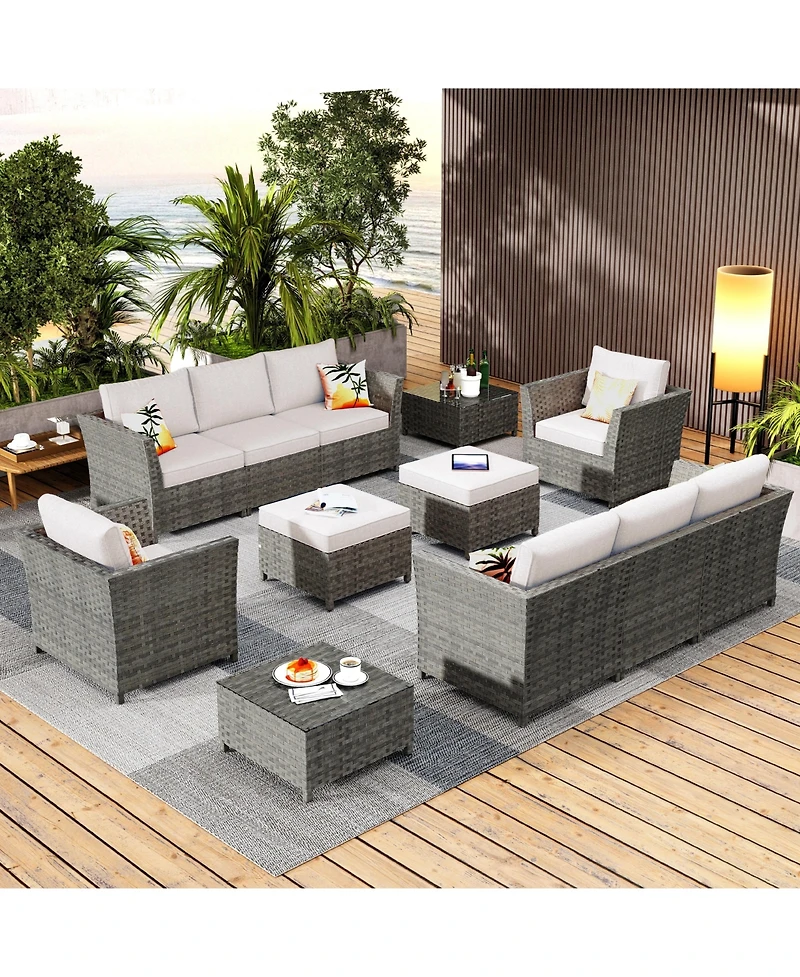 Xizzi 12 Pieces Outdoor Furniture Patio Sectional Sofa,No Assembly Required Pe Wicker Conversation Sets with Armchairs,Ottomans and Coffee Table