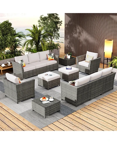 Xizzi 12 Pieces Outdoor Furniture Patio Sectional Sofa,No Assembly Required Pe Wicker Conversation Sets with Armchairs,Ottomans and Coffee Table