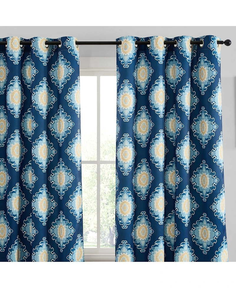 Hlc.me Liam Ogee Ikatt Damask Patterned Window Grommet Curtains Bedroom - Light Blocking Darkening Window Panels, Set of 2 (Navy Blue, 52 W x 96 L
