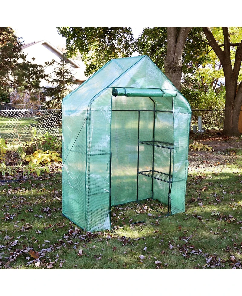 Outdoor Portable Tiered Growing Rack Deluxe Walk-In Greenhouse with Roll-Up Door - 4 Shelves - Green