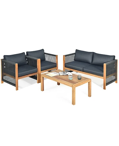 Gymax 4PCS Patio Furniture Set Acacia Wood Outdoor Sofa W/Nylon Rope Armrest Cushions