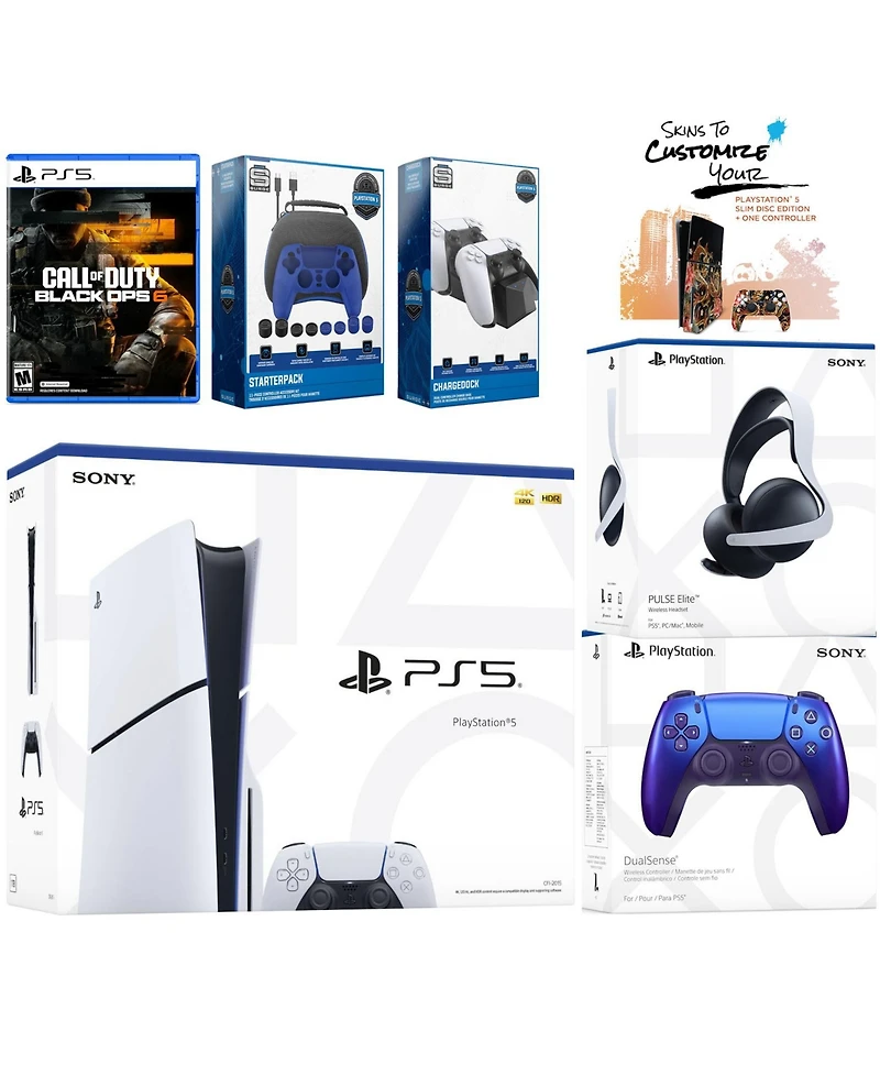 Sony PlayStation 5 Slim Disc PS5 with Call of Duty: Ops 6, Extra Edge Controller, Pulse Elite Headset, Gamer Starter Pack, Dual Charge Dock and Mighty