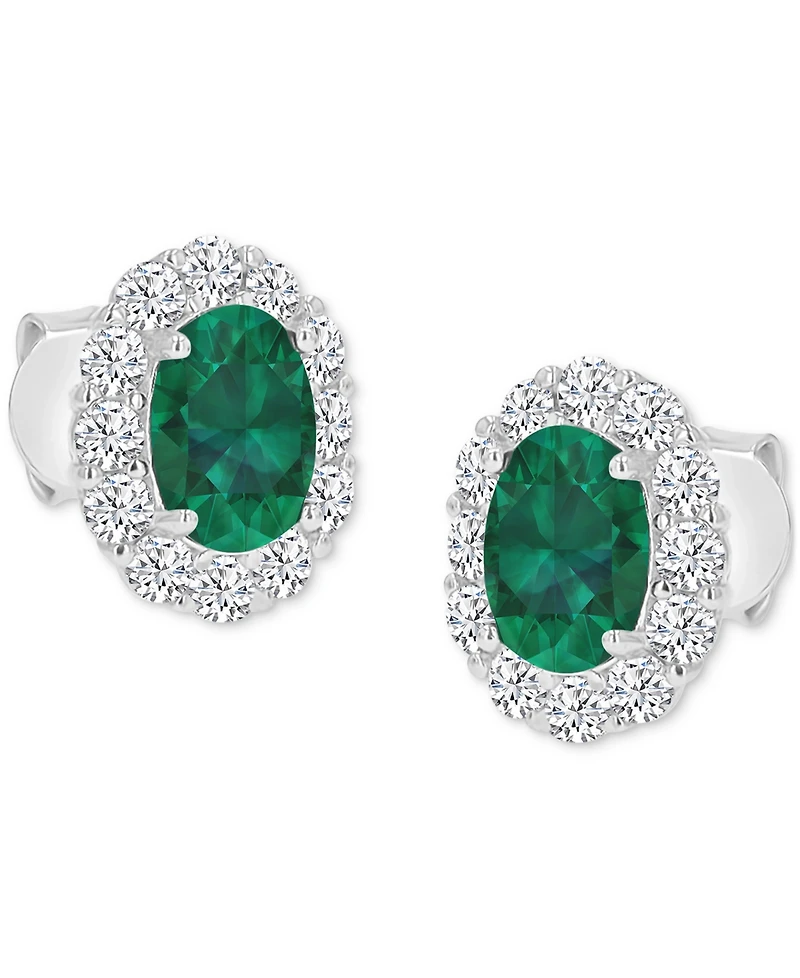 Cubic Zirconia Green Stone Oval Halo Stud Earrings Sterling Silver