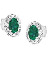 Cubic Zirconia Green Stone Oval Halo Stud Earrings Sterling Silver