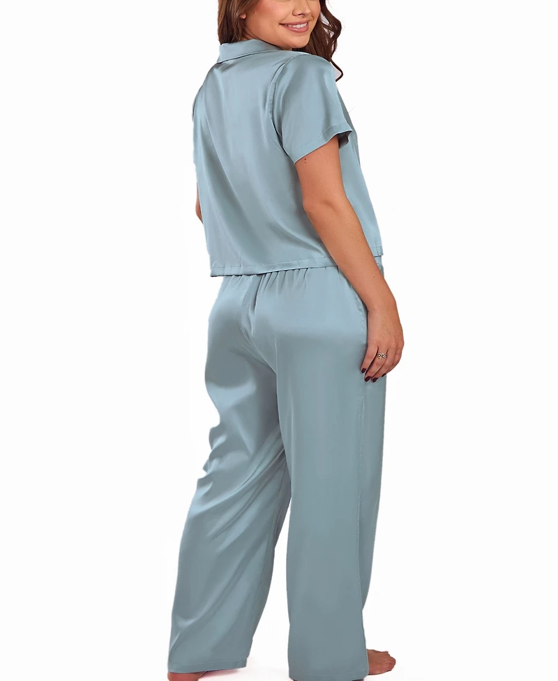 iCollection Women's Satin notch Shirt and Pant Pajama Set
