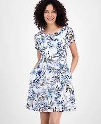 Connected Petite Printed Lace Short-Sleeve Fit & Flare Dress