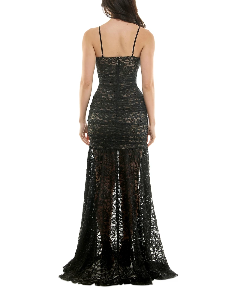 Juniors' Sleeveless Glitter Lace Illusion Gown, Created for Macy's