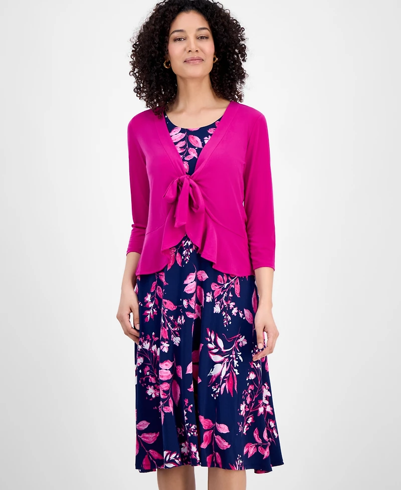 Sandra Darren Petite 2.Piece Tie-Front Bolero Jacket & Floral-Print Sleeveless Fit Flare Dress