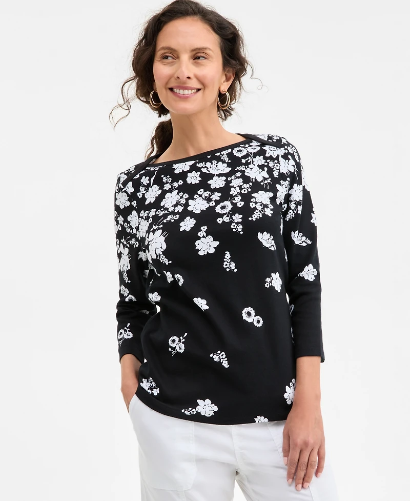 Style & Co Women's Printed Pima Cotton Boat-neck 3/4-Sleeve Top, Created for Macy's