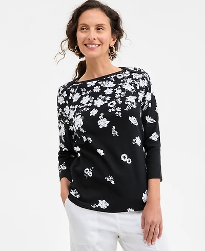 Style & Co Women's Printed Pima Cotton Boat-neck 3/4-Sleeve Top, Created for Macy's