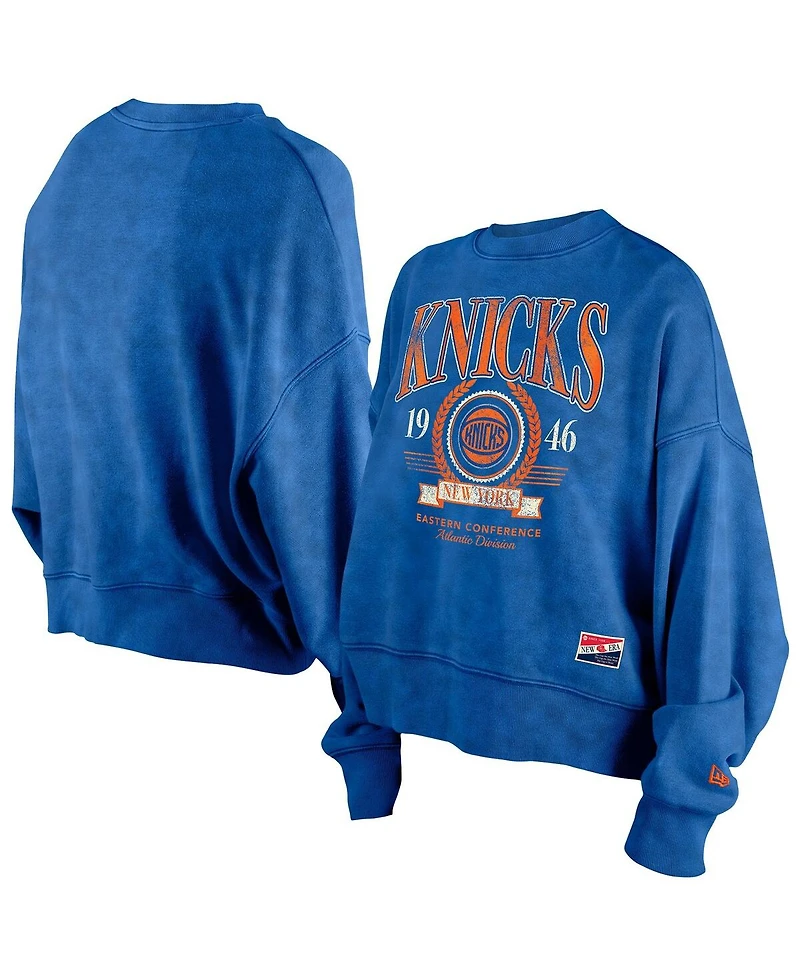New Era Women's Blue York Knicks Hardwood Classics Enzyme Wash Oversized Boxy Pullover Sweatshirt