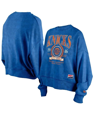 New Era Women's Blue York Knicks Hardwood Classics Enzyme Wash Oversized Boxy Pullover Sweatshirt